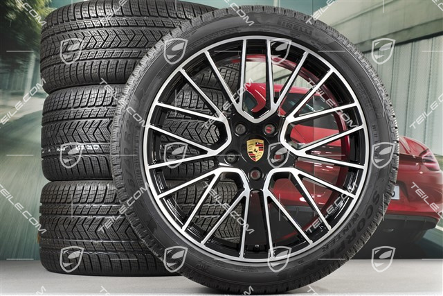 21" Cayenne RS Spyder Winterräder Satz, Felgen 9,5J x 21 ET46 + 11,0J x 21 ET58 + NEUE Pirelli Winterreifen 275/40 R21 + 305/35 R21, mit RDK-Sensoren, schwarz hochglanz