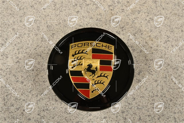 Wheel hub cap, crest coloured, Glossy black/ Glossy black outer ring