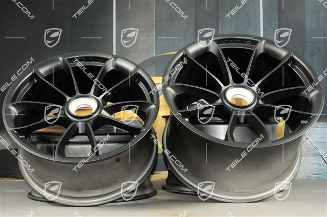 20"+ 21" GT3RS Felgensatz, mit GT3RS Schriftzug, 9,5J x 20 ET50 + 12,5J x 21 ET48, schwarz seidenmatt