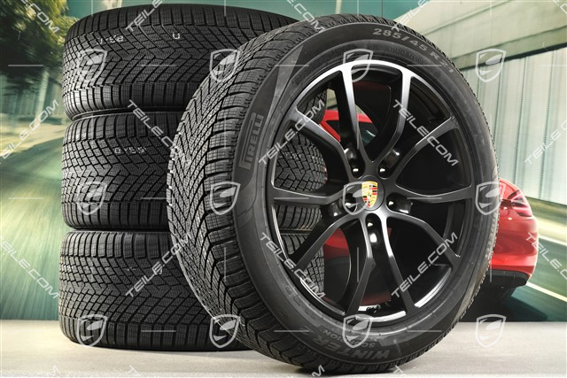 21" koła zimowe Cayenne Exclusive Design, komplet, felgi 9,5J x 21 ET46 + 11,0J x 21 ET58 + NOWE opony zimowe Pirelli Scorpion Winter 2 285/45 R21 + 305/40 R21, z czujnikami ciśnienia, czarny satynowy mat