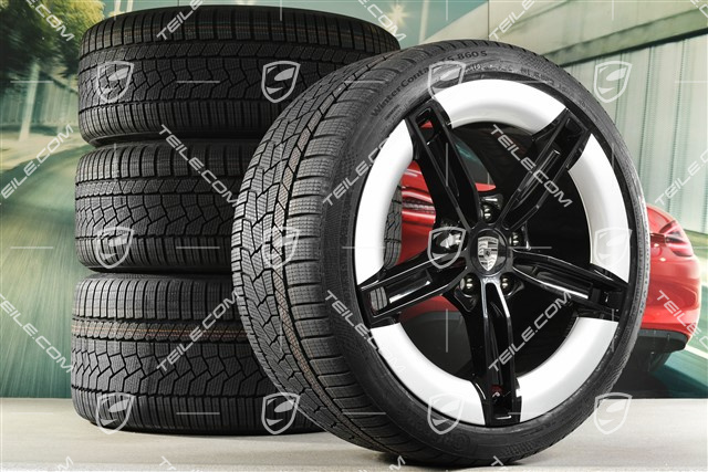 21" Mission E Design winter wheel set, rims 9,5J x 21 ET60 + 11,5J x 21 ET66 + NEW Continental Winter Contact TS860 S winter tyres 265/35 R21 + 305/30 R21, Bi-Color optic brilliant silver/black high gloss