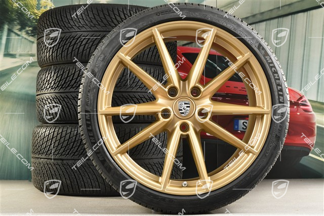 20"+21" koła zimowe Carrera S, komplet, felgi 8,5J x 20 ET53 + 11J x 21 ET66 + NOWE opony zimowe Michelin 245/35 R20 + 295/30 R21, Aurum złoty satynowy mat