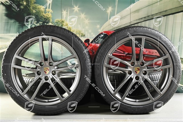 21" Cayenne COUPÉ Turbo Design Winterräder Satz, Felgen 9,5J x 21 ET46 + 11,0J x 21 ET49 + NEUE Pirelli Winterreifen 275/40 R21 + 305/35 R21, mit RDK-Sensoren, Platinum seidenmatt