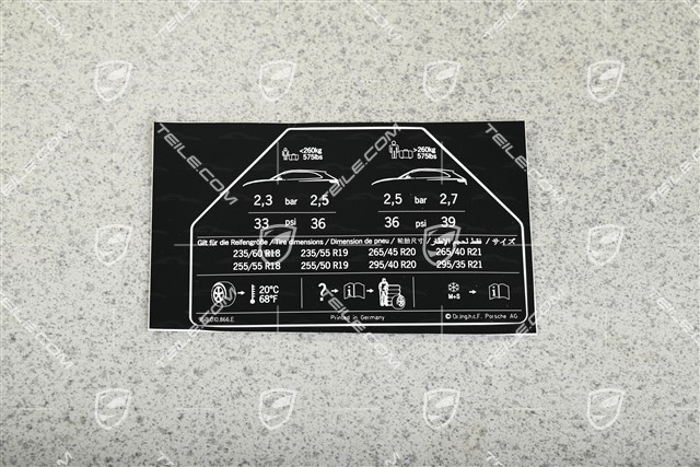 Identification / notice sticker for tire pressure