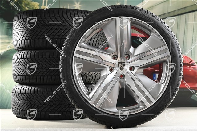 22" koła zimowe Macan Exclusive Design, felgi 9J x 22 ET29 + 11J x 22 ET47 + NOWE opony zimowe Pirelli 255/40 R22 + 295/35 R22, srebrna platyna