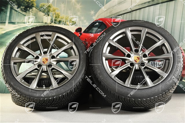 19" Boxster S koła zimowe komplet, felgi 8J x 19 ET57 + 10J x 19 ET45 + NOWE opony zimowe Michelin Pilot Alpin 4: 235/40 R19 + 265/40 R19, Platinum satynowy mat