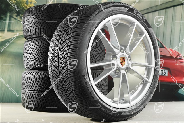 19"+20" Carrera, koła zimowe, komplet, felgi 8,5J x 19 ET52 + 11J x 20 ET80 + opony zimowe Pirelli 235/40 R19 + 295/35 R20, z czujnikami ciśnienia, srebrny Brilliant Silver
