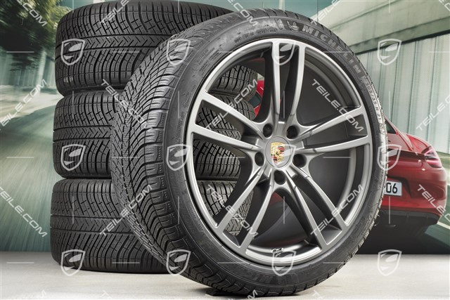 21" Cayenne Turbo Winterräder Satz, Felgen 9,5J x 21 ET46 + 11,0J x 21 ET58 + NEUE Michelin Winterreifen 275/40 R21 + 305/35 R21, mit RDK-Sensoren, in Platinum Seidenmatt