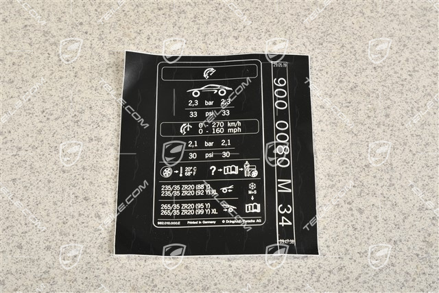 Identification / notice sticker for tire pressure, 20 inch wheels