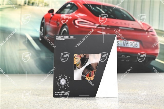 Dekielki kół, komplet 4 szt. Czarny satynowy z kolorowym herbem Porsche