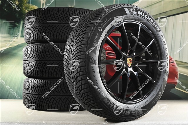 20" Cayenne Design Winterräder Satz, Felgen 9J x 20 ET50 + 10,5J x 20 ET55 + NEUE Michelin Winterreifen 255/55 R20 + 295/45 R20, mit RDK-Sensoren, in Schwarz Hochglanz