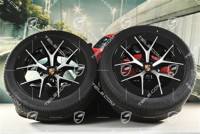 21" koła zimowe Cayenne RS Spyder Design, komplet, felgi 9,5J x 21 ET16 + 11J x 21 ET37 + opony zimowe Goodyear UltraGrip Performance 3 SUV 275/45 R21 + 315/40 R21, czarny wysoki połysk