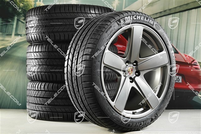 21" Sport Classic summer wheel set, wheel rims 9,5J x 21 ET27 + 10J x 21 ET19 + NEW Michelin summer tyres 265/40 R21 + 295/35 R21, with TPMS, Platinum satin matt