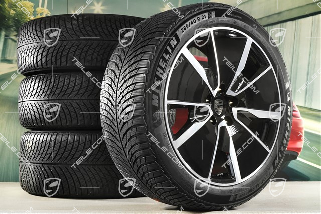 21" Koła zimowe Turbo, komplet, felgi 8,5J x 21 ET27 + 10,5J x 21 ET47 + NOWE opony zimowe Michelin Pilot Alpin 5 SUV 255/45 R21 + 285/40 R21, czarny wysoki połysk