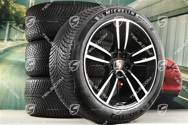21" Cayenne Turbo Winterräder Satz, Felgen 9,5J x 21 ET46 + 11,0J x 21 ET58 + Michelin Winterreifen 285/45 R21 + 305/40 R21, mit RDK-Sensoren, schwarz hochglanz