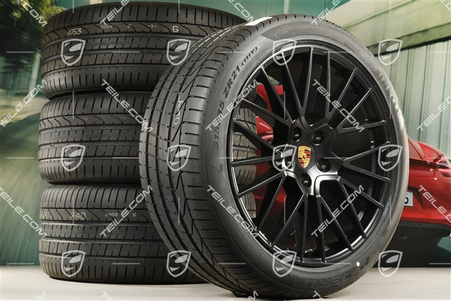 21-inch Cayenne RS Spyder summer wheel set, rims 9,5J x 21 ET46 + 11,0J x 21 ET58 + NEW Pirelli P Zero summer tyres 285/40 R21 + 315/35 R21, with TPMS, black satin matt