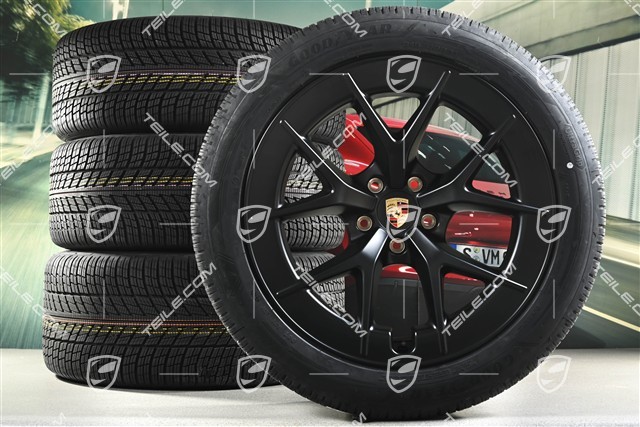 21" koła zimowe Cayenne RS Spyder Design, komplet, felgi 9,5J x 21 ET16 + 11J x 21 ET37 + NOWE opony zimowe Goodyear UltraGrip Performance 3 SUV 275/45 R21 + 315/40 R21, czarny satynowy półmat