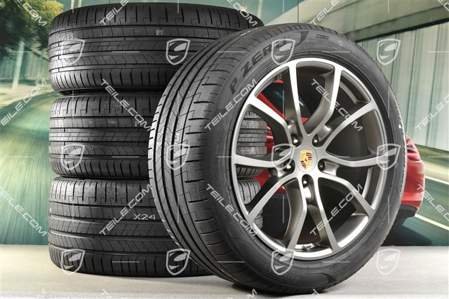 21-inch Cayenne Exclusive Design summer wheel set, rims 9,5J x 21 ET46 + 11,0J x 21 ET58 + Pirelli P Zero summer tyres 285/45 R21 + 315/40 R21, with TPMS, Platinum satin-mat