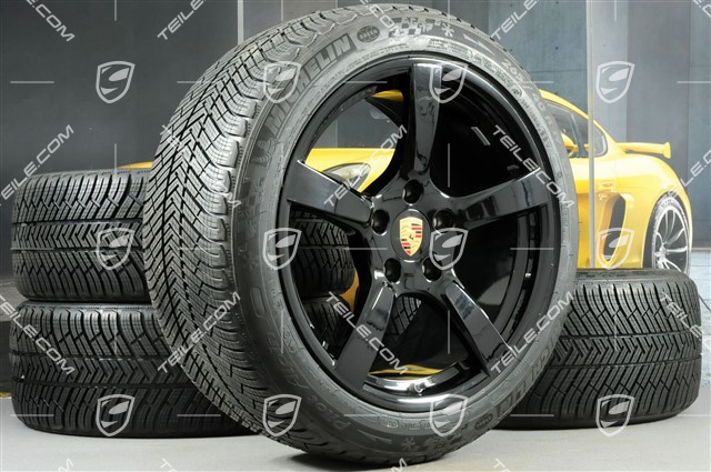 19" Cayman S Winterräder Satz, Felgen 8J x 19 ET57 + 10J x 19 ET45 + NEUE Michelin Pilot Alpin 4 Winterreifen 235/40 R19 + 265/40 R19, schwarz hochglanz