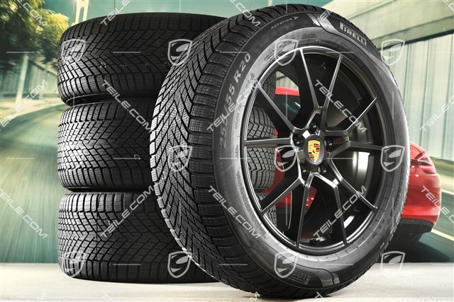 20" koła zimowe Cayenne S, komplet, felgi 9J x 20 ET50 + 10,5J x 20 ET55 + opony zimowe Pirelli 255/55 R20 + 295/45 R20, z czujnikami ciśnienia, czarny satynowy półmat