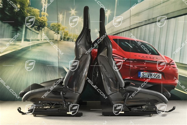 Sportowe fotele kubełkowe, składane, czarna skóra, L+R, Fotel kierowcy z herbem Porsche