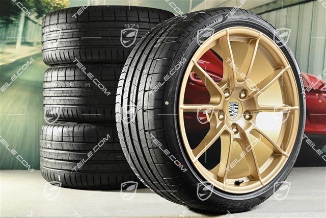 20-inch 718 Sport summer wheels set, rims 8,5J x 20 ET57 + 10,5J x 20 ET47 + Pirelli summer tires 235/35 ZR20 + 265/35 ZR20, with TPMS, aurum satin matt
