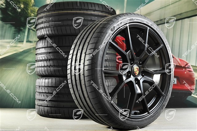 21" RS Spyder design summer wheels set, rims 9.5J x 21 ET60 + 11.5J x 21 ET66 + Goodyear summer tyres 265/35 R21 + 305/30 R21, black satin matt
