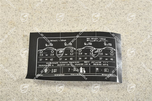 Klebeschild / Hinweiss / Kennschild für Reifendruck und Ladeinformation V6 / V8 / Hybrid / Diesel