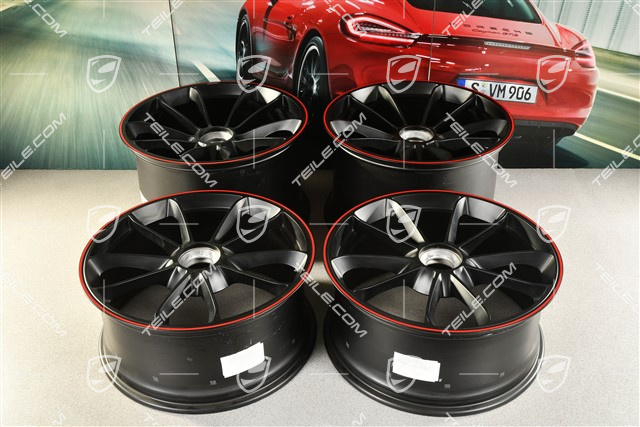 20" rims set GT3, 9J x 20 ET55 + 12J x 20 ET47, in black satin-mat with red border
