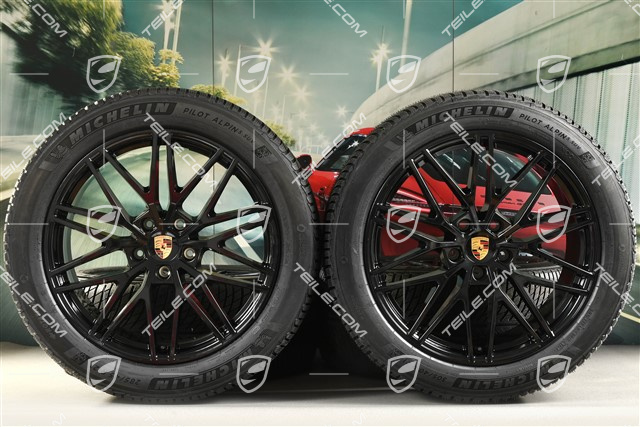 21" koła zimowe Cayenne COUPE "RS Spyder Design", komplet, felgi 9,5J x 21 ET46 + 11,0J x 21 ET49 + NOWE opony zimowe Michelin Pilot Alpin 5 SUV 285/45 R21 + 305/40 R21, z czujnikami ciśnienia, czarny wysoki połysk
