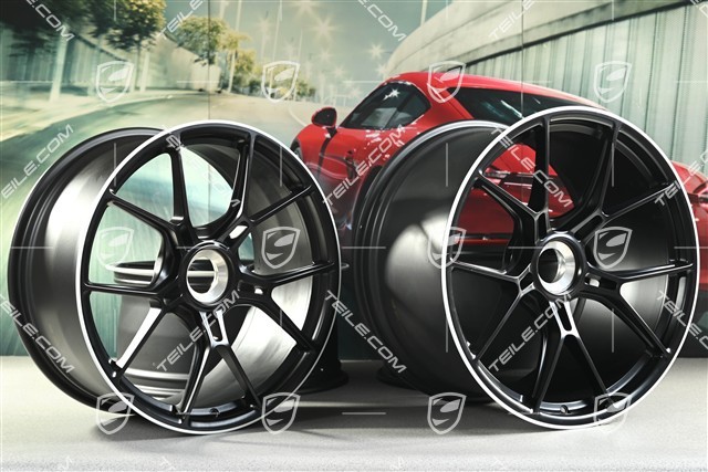 20+21 -inch GT3 wheel rim set, 9,5J x 20 ET46 + 12J x 21 ET45, black satin mat + white rim border