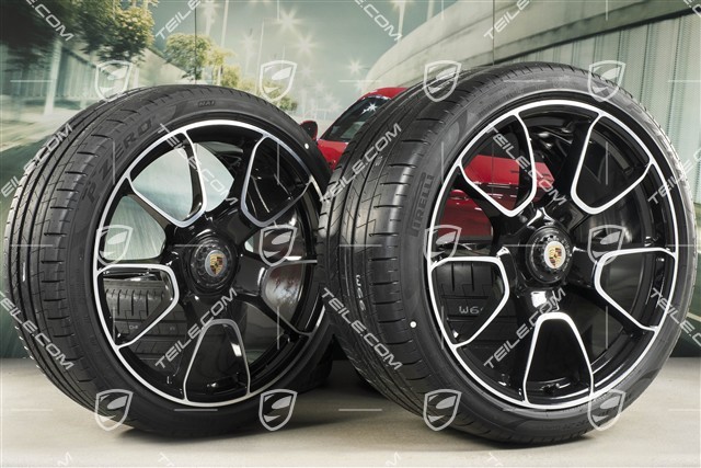 20"+21" koła letnie, komplet Turbo S Exclusive Design, felgi 9,5J x 20 ET44 + 12J x 21 ET70 + NOWE opony letnie Pirelli 255/35 R20 + 315/30 R21, czarny wysoki połysk