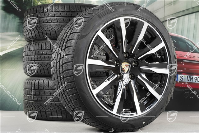 20" koła zimowe Taycan Tequipment Design, komplet, felgi 9J x 20 ET54 + 11J x 20 ET60, opony zimowe Pirelli 245/45 R20 + 285/40 R20, czarny wysoki połysk