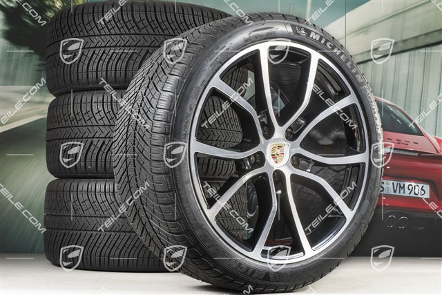 21" Cayenne COUPE Exclusive Design Winterräder Satz, Felgen 9,5J x 21 ET46 + 11,0J x 21 ET49 + NEUE Michelin Pilot Alpin 5 Winterreifen 275/40 R21 + 305/35 R21, mit RDK-Sensoren, schwarz hochglanz + Glanzdrehbereichen