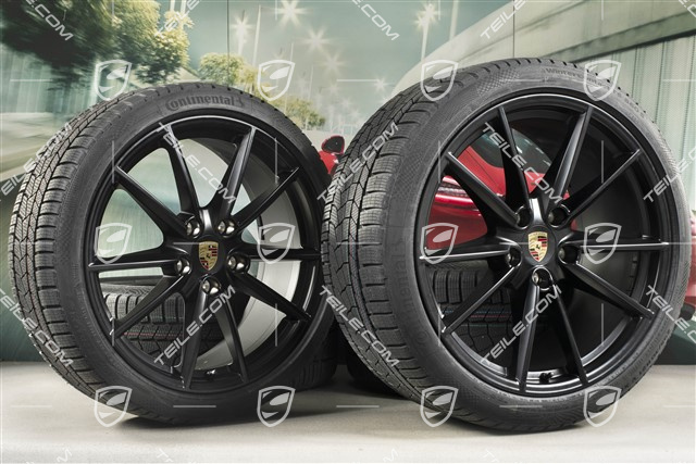 20"+21" Carrera S Winterräder Satz, Felgen 8,5J x 20 ET53 + 11J x 21 ET66 + NEUE Continental Winterreifen 245/35 R20 + 295/30 R21, in Schwarz Seidenmatt