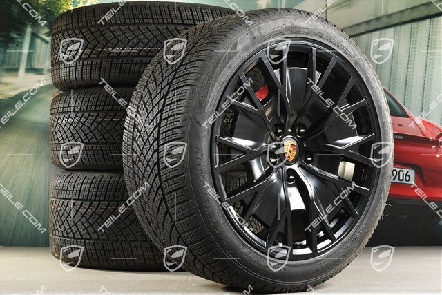 20" koła zimowe Turbo S Aero Design, komplet, felgi 9J x 20 ET54 + 11J x 20 ET60 + NOWE opony zimowe Goodyear 245/45 R20 + 285/40 R20, czarny satynowy mat