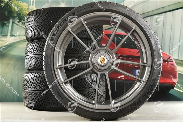 20"+21" koła zimowe Turbo S, komplet, felgi montowane centralnie 8,5J x 20 ET40 + 11J x 21 ET66 + opony zimowe Michelin 245/35 R20 + 305/30 R21, platinum satynowy półmat