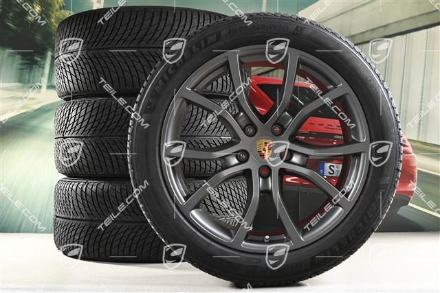 21" koła zimowe Cayenne Exclusive Design, komplet, felgi 9,5J x 21 ET46 + 11,0J x 21 ET58 + NOWE opony zimowe Michelin 285/45 R21 + 305/40 R21, z czujnikami ciśnienia, Vesuvius Grey