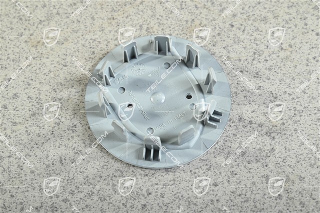 Radkappe, rund, gewölbt, mit farbigem Porsche-Wappen, Weiß-Metallic