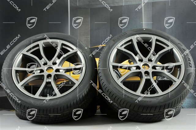 21-inch Cayenne COUPE Exclusive Design summer wheel set, rims 9,5J x 21 ET46 + 11,0J x 21 ET49 + NEW Pirelli summer tyres 285/40 R21 + 315/35 R21, Platinum satin matt, with TPMS