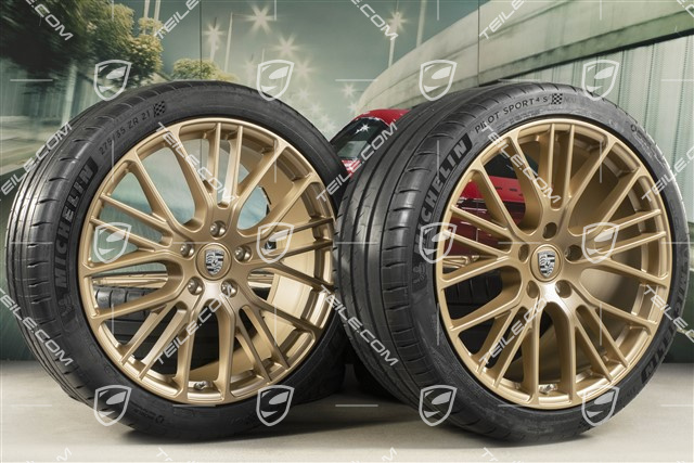 21-inch Panamera Exclusive Design Sport summer wheel set, wheel rims 9,5J x 21 ET71 + 11,5J x 21 ET69 + NEW Michelin summer tyres 275/35 R21 + 315/30 R21, with TPMS, Aurum satin matt