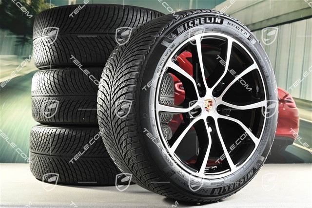 21" koła zimowe Cayenne COUPE Exclusive Design, komplet, felgi 9,5J x 21 ET46 + 11,0J x 21 ET49 + opony zimowe Michelin Pilot Alpin 5 SUV 285/45 R21 + 305/40 R21, z czujnikami ciśnienia, czarny wysoki połysk