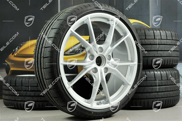 20" Carrera S summer wheel set, rims 8J x 20 ET57 + 10J x 20 ET45 + NEW Pirelli summer tires 235/35 ZR20 + 265/35 ZR20, silver, with TPMS