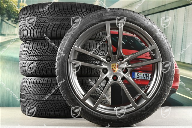 21" Cayenne Turbo Winterräder Satz, Felgen 9,5J x 21 ET46 + 11,0J x 21 ET58 + Michelin Winterreifen 275/40 R21 + 305/35 R21, mit RDK-Sensoren, in Platinum Seidenmatt