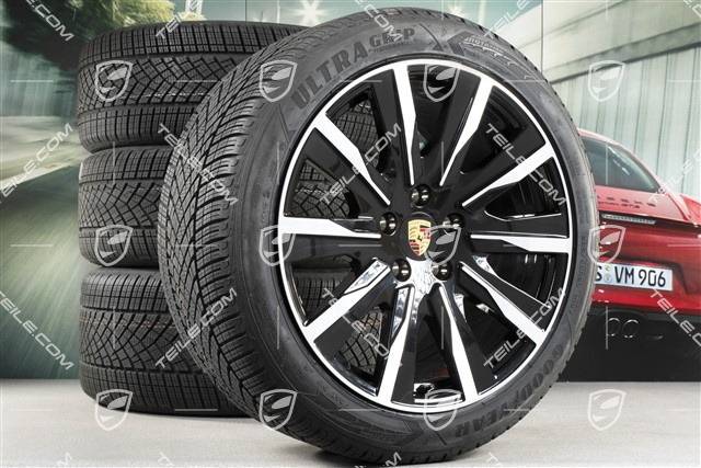 20" Taycan Tequipment Design Winterräder Satz, Felgen 9J x 20 ET54 + 11J x 20 ET60, Goodyear Winterreifen 245/45 R20 + 285/40 R20, in Schwarz Hochglanz