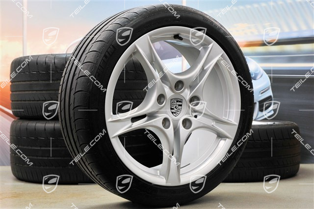 18-inch summer wheels set Cayman S II, rims 8J x 18 ET57 + 9J x 18 ET43 + NEW summer tyres 235/40 R18 + 265/40 R18, without TPM