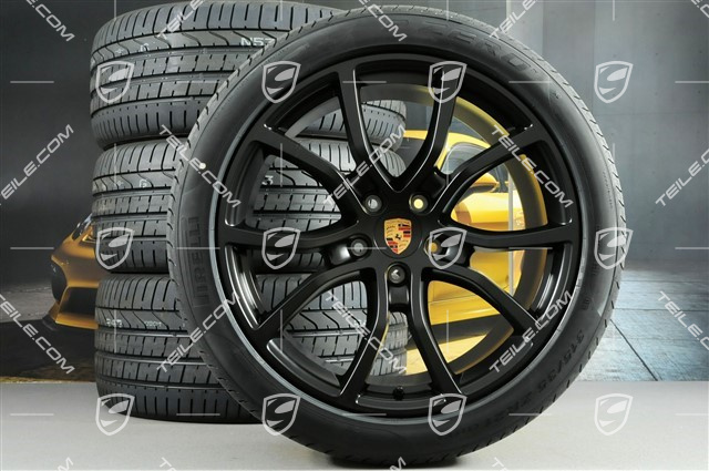 21" Cayenne COUPE Exclusive Design Sommerräder Satz, Felgen 9,5J x 21 ET46 + 11,0J x 21 ET49 + NEUE Pirelli Sommerreifen 285/40 R21 + 315/35 R21, Schwarz Seidenmatt, mit RDK-Sensoren
