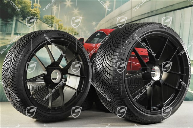 20"+21" Carrera GTS, koła zimowe, z centranym mocowaniem, komplet, felgi 8,5J x 20 ET50 + 11J x 21 ET82 + NOWE opony zimowe Michelin 245/35 R20 + 305/30 R21, z czujnikami ciśnienia, czarny satynowy półmat