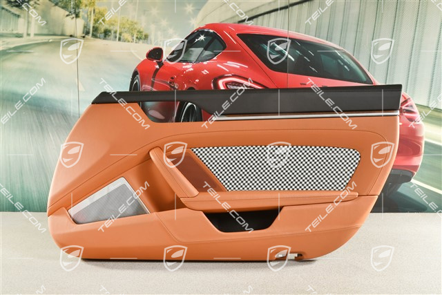 Türverkleidung, Leder Schwarz / Cognac mit Pepita Stoff, Burmester, R