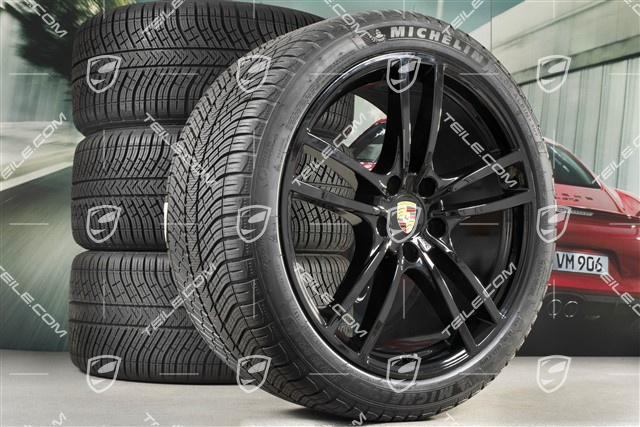21" koła zimowe Cayenne Turbo, komplet, felgi 9,5J x 21 ET46 + 11,0J x 21 ET58 + NOWE opony zimowe Michelin 275/40 R21 + 305/35 R21, z czujnikami ciśnienia, czarny wysoki połysk